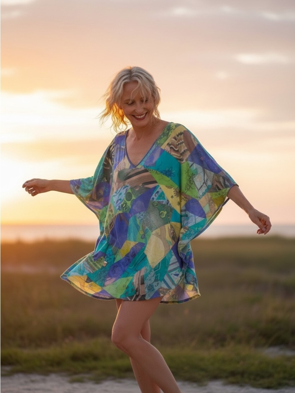 Emilio Pucci Multicolor Patchwork V-Neck Tunic — Blue, Green, Yellow, Purple